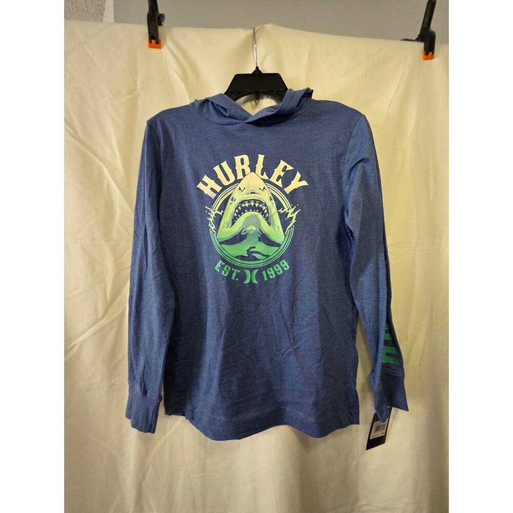 Hurley Boys Hooded Long Sleeve T-Shirt Shark Graphic L (12-13) Thunder Berry
